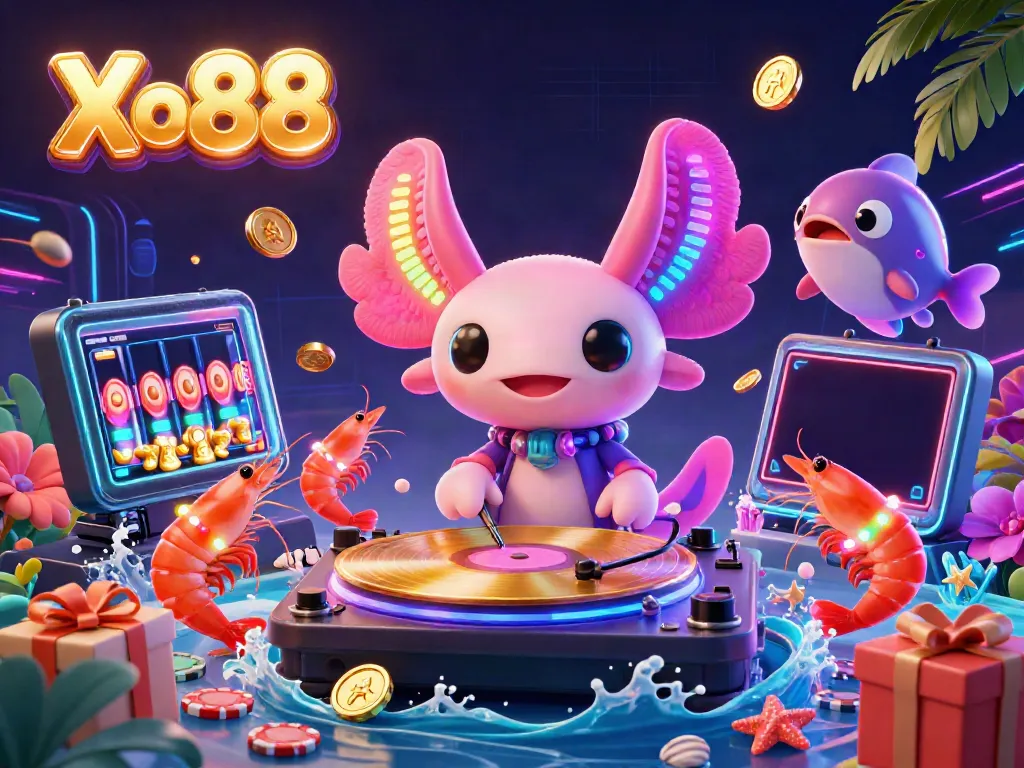 Xo88 ignites the gaming spirit with vibrant visuals, featuring a lively axolotl DJ and glowing characters amidst dynamic gambling game elements.