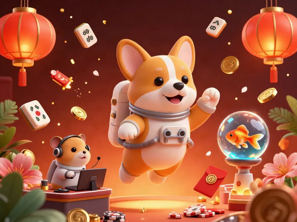 Engage in fun gaming adventures on trang chủ luck8 with colorful casino elements floating around a playful corgi.