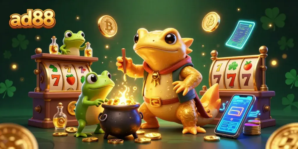 Engage with thrilling slot action at ad88 featuring golden salamander alchemist and vibrant casino elements.