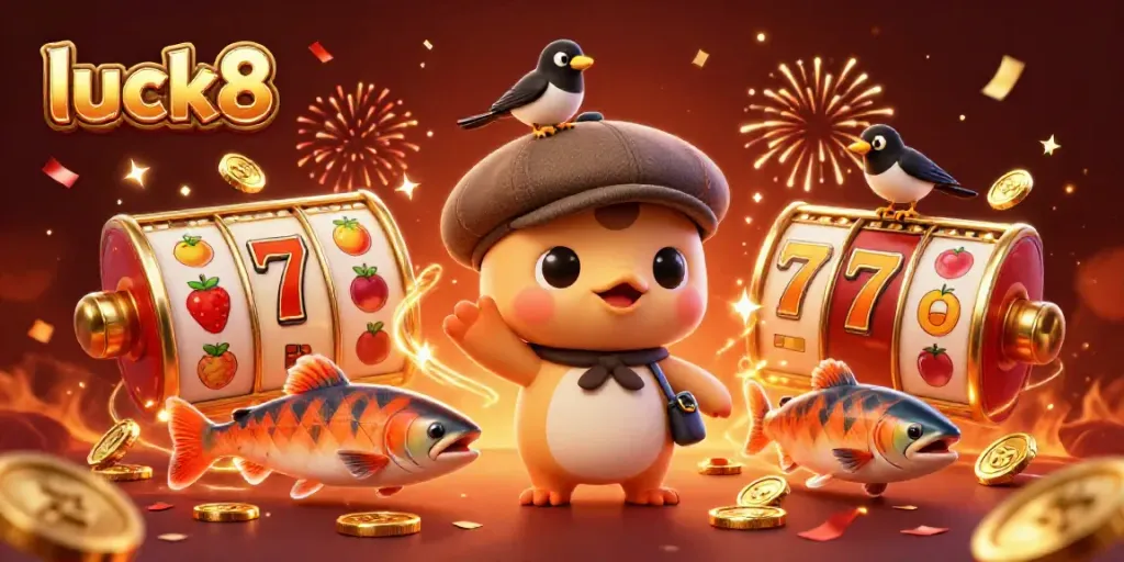 Spin and win on luck8 with vibrant slot reels, gold coins, and charming characters in a fun casino atmosphere.