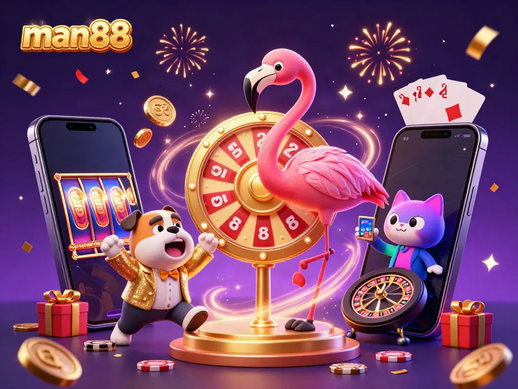 Engage with man88 through a vibrant, dynamic casino scene featuring a game show host and exciting gaming elements.