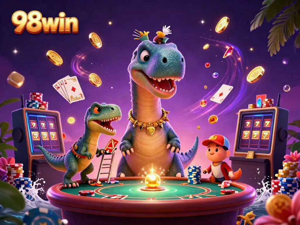 Experience the thrill of 98win with a vibrant 3D casino scene showcasing rich gaming elements and lively characters.