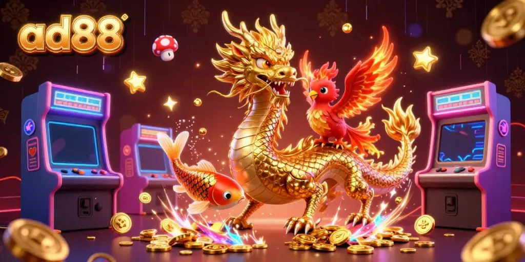 Experience thrilling gameplay with ad88's vibrant casino scene featuring legendary creatures and arcade elements.