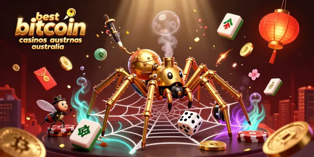 Engage in dynamic gameplay at the best bitcoin casinos in Australia, featuring steampunk spider and crypto coins.