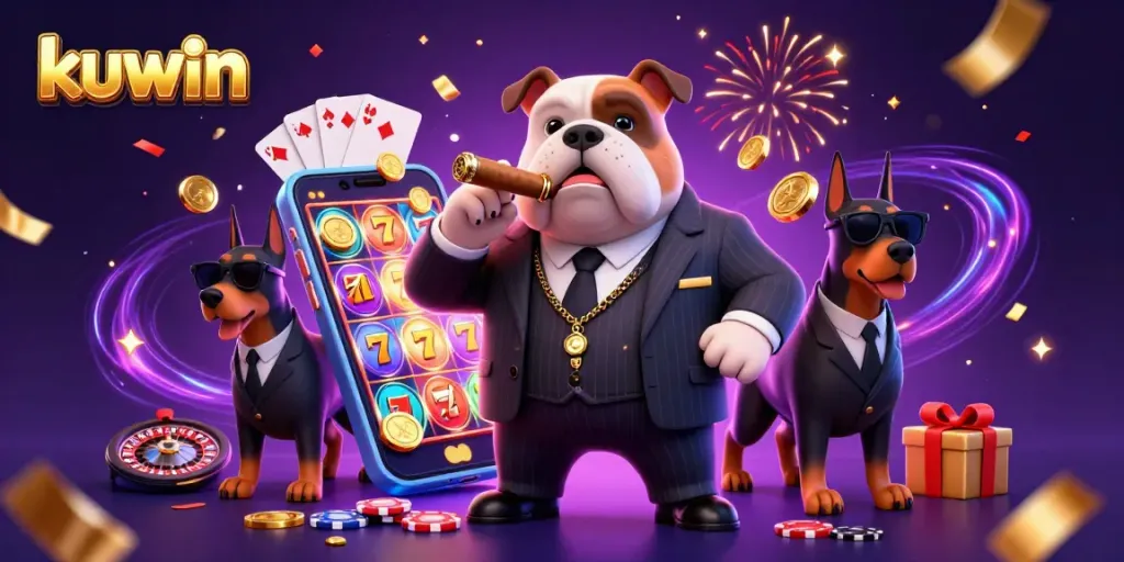 kuwin players enjoying vibrant slot games with a mafia bulldog in a thrilling casino scene