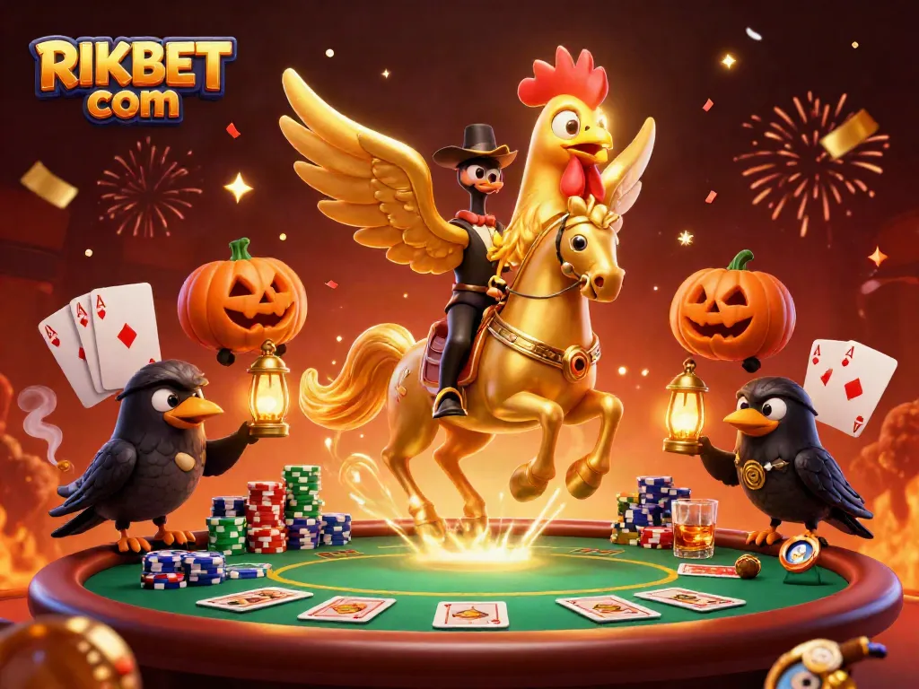 Experience the thrills of RIKBET com with dynamic casino action featuring a golden rooster and festive elements.