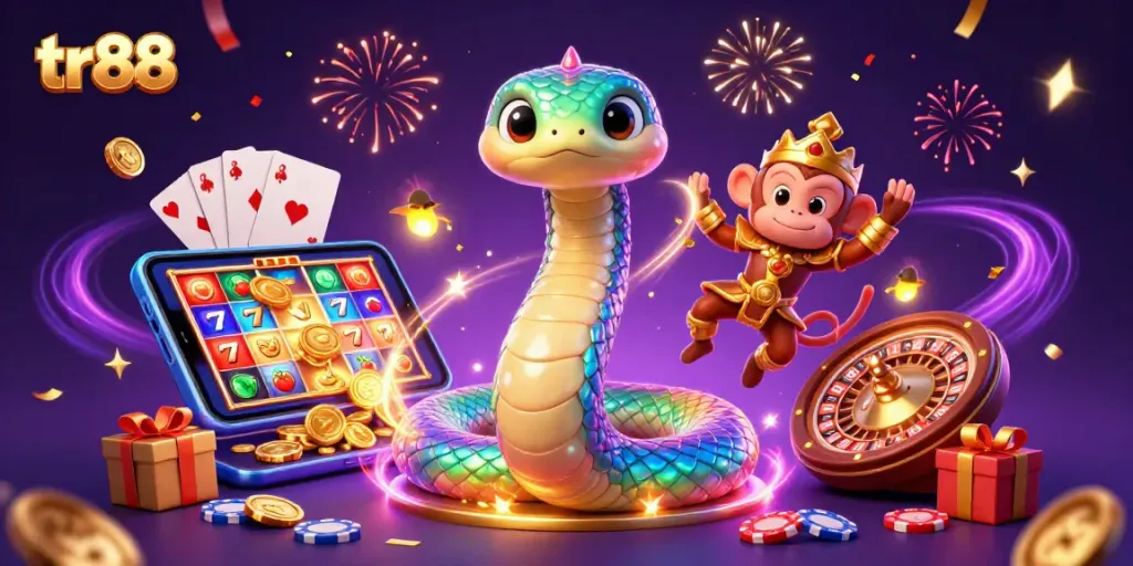 Spin slots and win with tr88's captivating 3D gaming illustration featuring vibrant characters and elements.