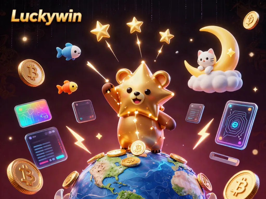 Engage with Luckywin’s thrilling online gaming experience featuring golden constellation bear collecting coins.