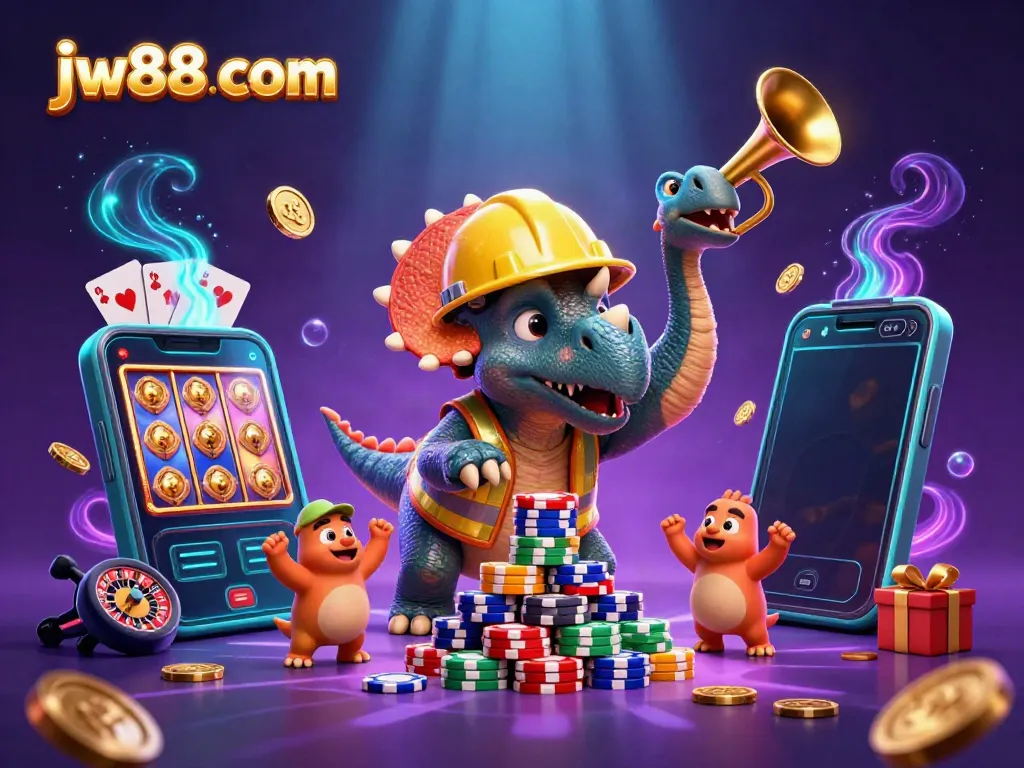 Engage in fun gameplay at jw88 com with a vibrant scene of casino elements and characters.