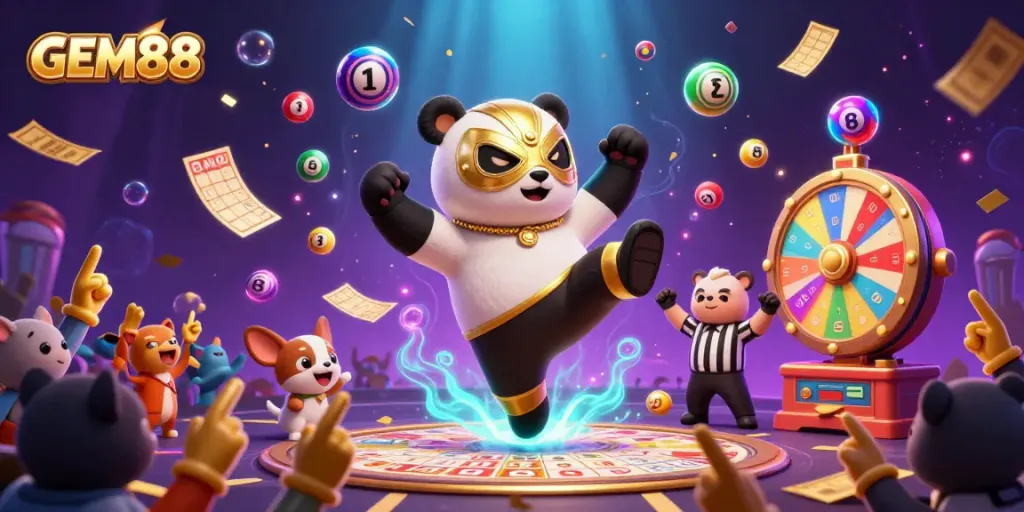 Experience the excitement of GEM88 with a dynamic illustration showcasing a professional wrestler panda and a referee among a cheerful crowd in a casino setting.