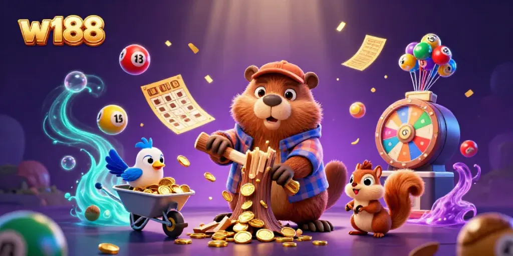 Experience the vibrant world of w188 with a joyful beaver, bird, and squirrel in a festive scene of golden coins and lottery fun.