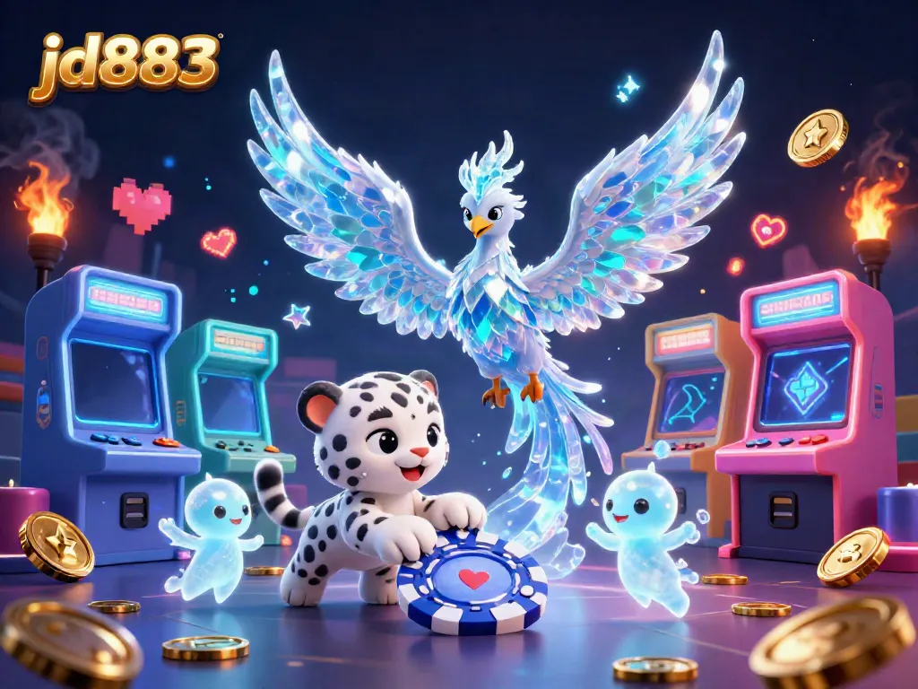 Experience the thrill at jd883 as our ice phoenix and leopard cub play in a vibrant casino world.