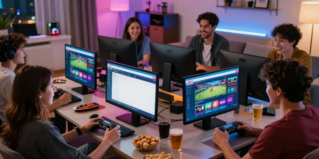 Social gaming night featuring friends enjoying ZBET platform together at home.