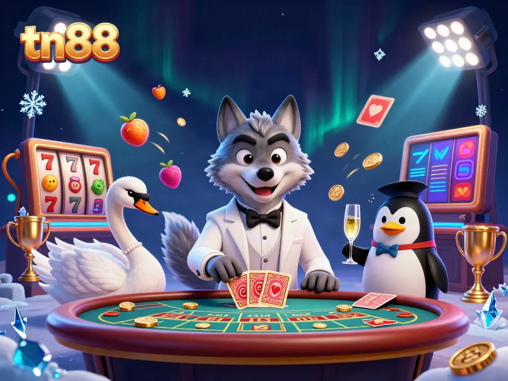 Experience tn88's vibrant casino atmosphere with a wolf, swan, and penguin in a slot game setting.