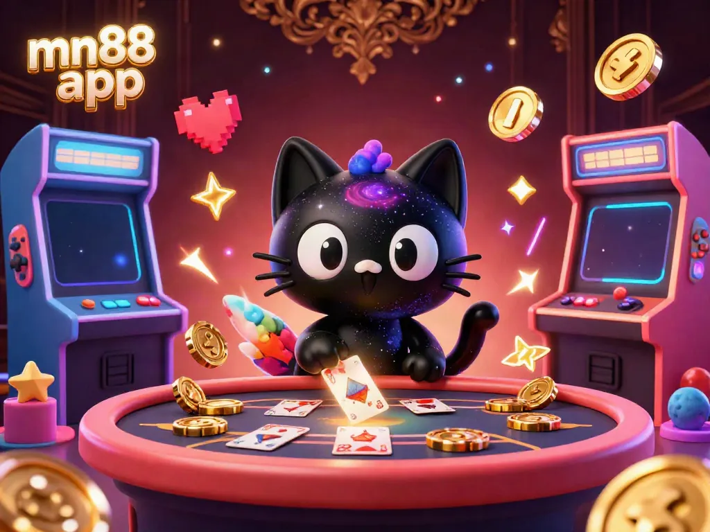 Engage with the thrilling mn88 app universe featuring a cosmic cat and vibrant casino elements.
