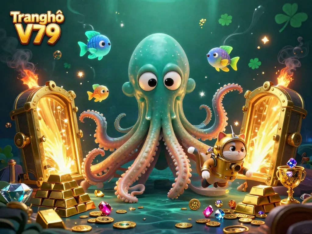 Playing exciting games at Trang chủ V79 with a festive underwater scene featuring a kraken and treasure.