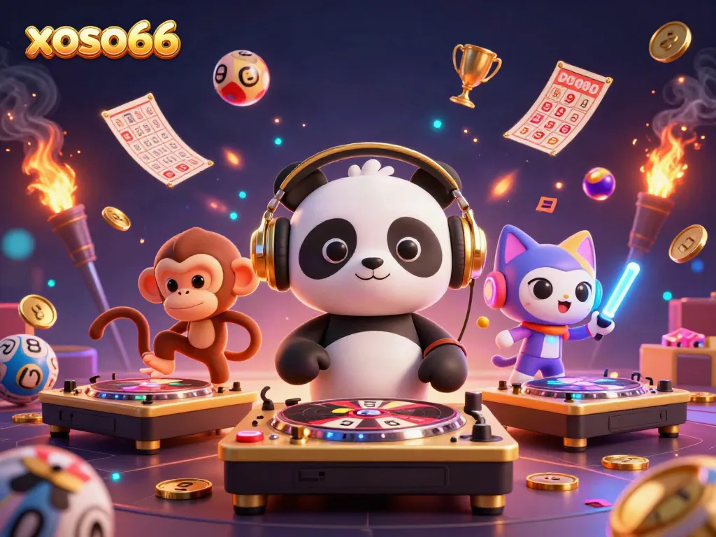 Experience vibrant fun at xoso66 with a dynamic 3D illustration featuring a DJ panda and lottery elements.