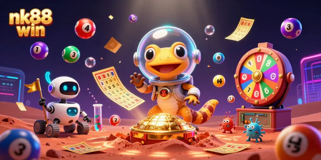 Engage with nk88 win in a vibrant 3D casino world featuring a Martian gecko and dynamic prizes.