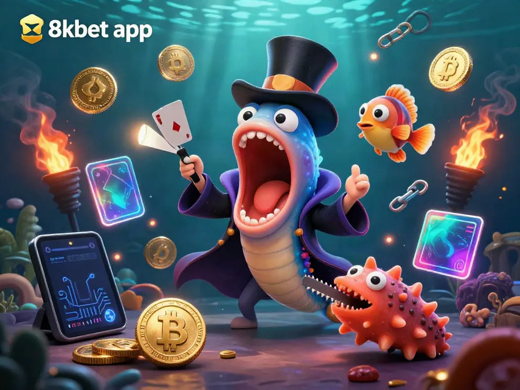 Experience the excitement of the 8xbet app with this dynamic underwater casino scene featuring colorful characters and crypto elements.