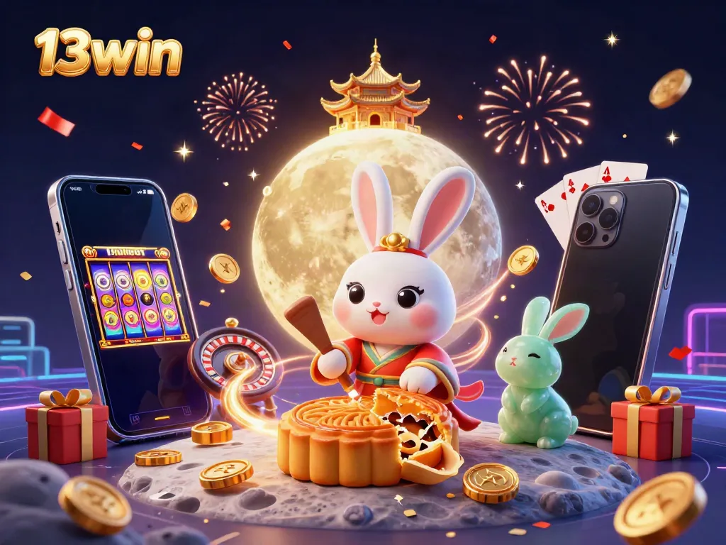 Experience excitement at 13win with colorful gaming elements and the legendary moon rabbit delivering poker chips.