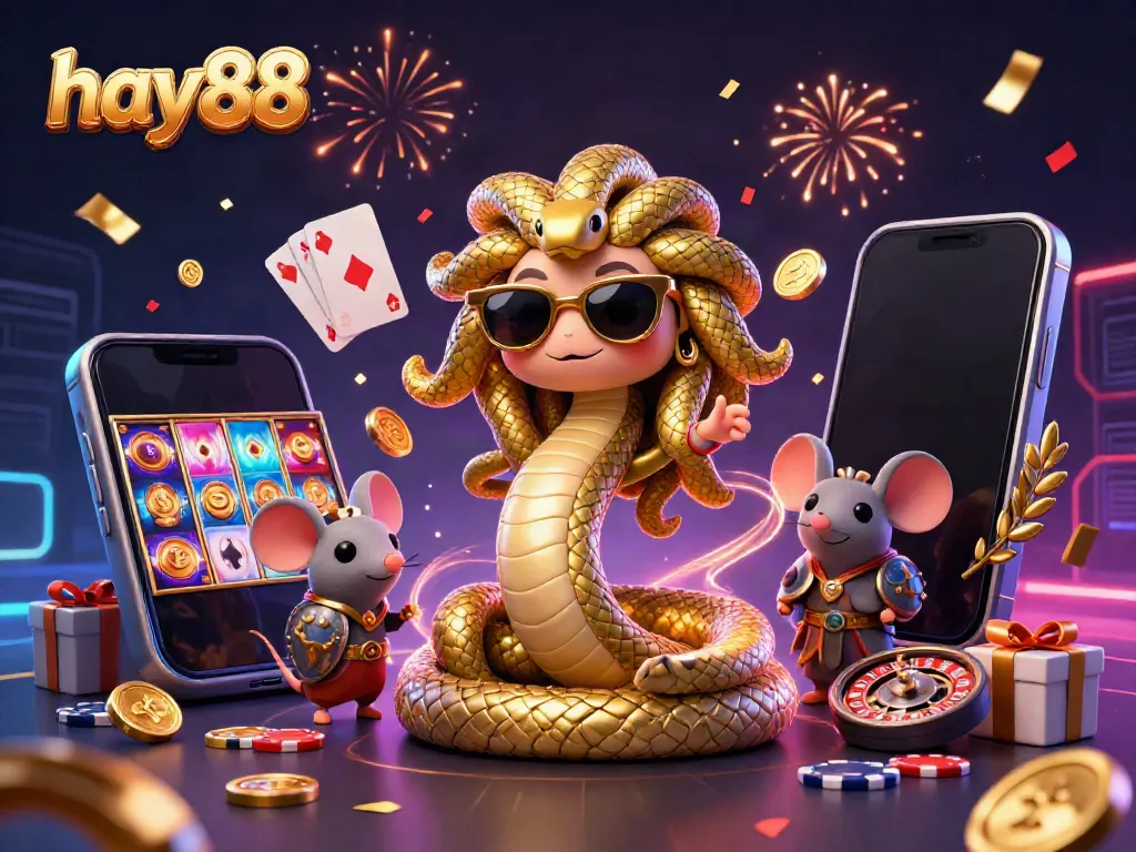 Experience excitement at hay88 with a lively casino scene featuring colorful slot games and charming characters.