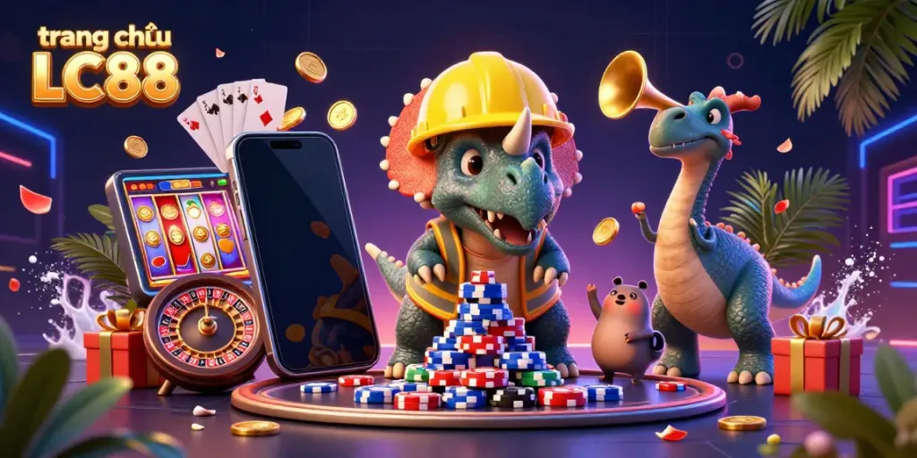Experience excitement at trang chủ LC88 with a vibrant 3D scene of friendly dinosaurs celebrating gambling.