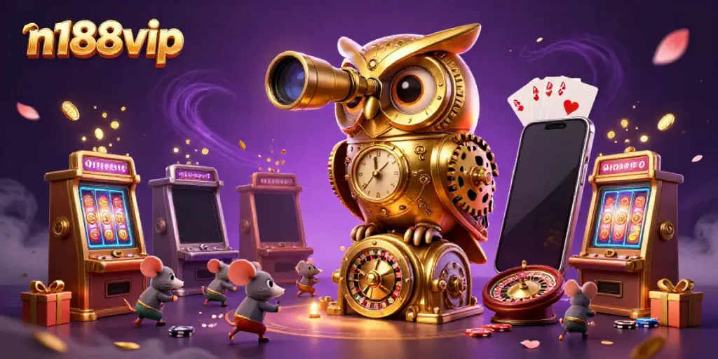 Engage with thrilling gaming at n188vip featuring a golden owl overseeing an exciting casino scene.