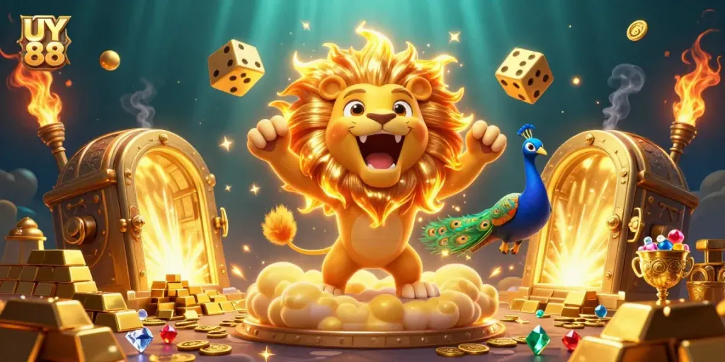 Engage with thrilling UY 88 casino action, featuring vibrant 3D characters amidst wealth and excitement.