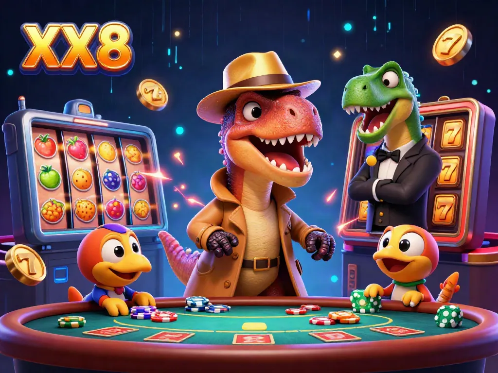 Experience thrilling fun as XX8's velociraptor card counter engages at a vibrant slot machine table.