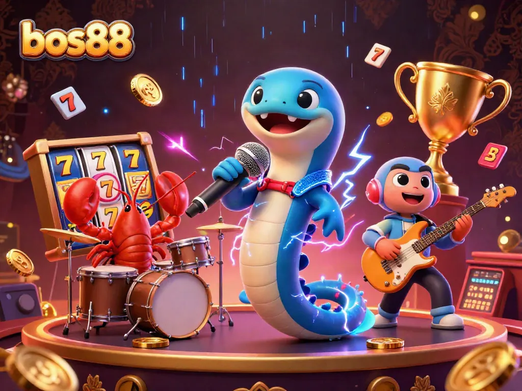 Bos88 engages players with a lively underwater casino illustration featuring a DJ electric eel, drummer lobster, and guitarist seahorse surrounding sparkling slots and coins.