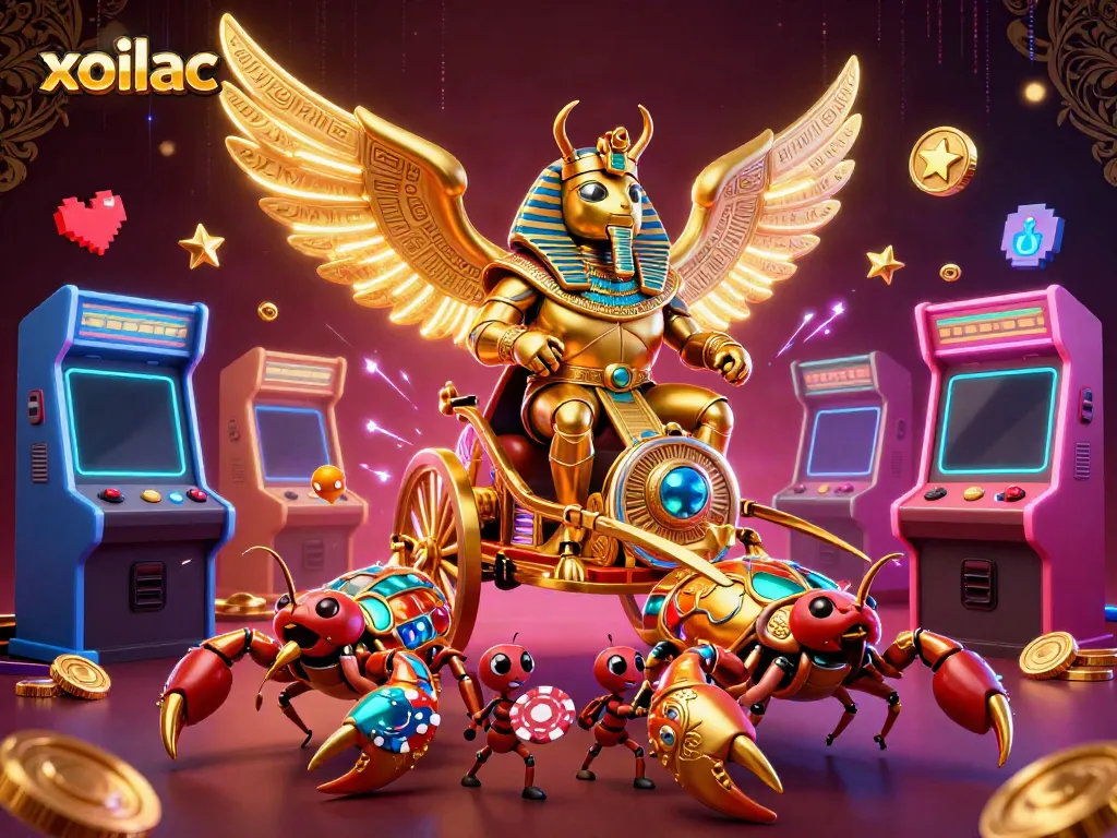 Experience the excitement of xoilac with a golden scarab beetle and scorpions in a casino adventure.