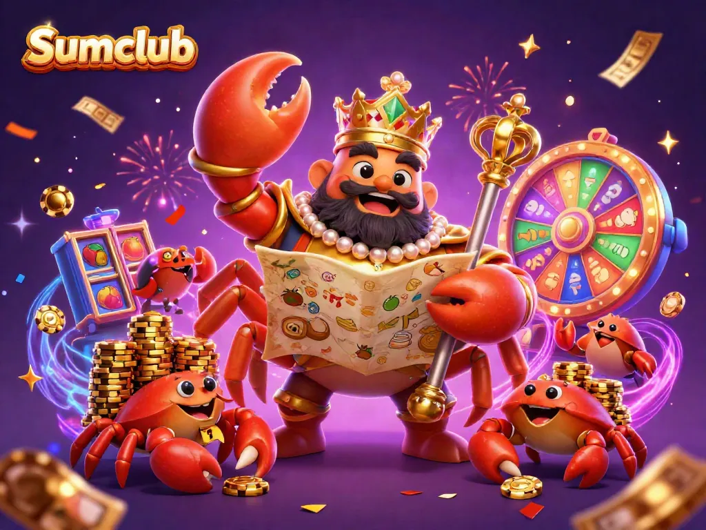 Engage with exciting casino gaming at Sumclub with a vibrant 3D illustration depicting a golden crab emperor amidst dynamic slot elements.
