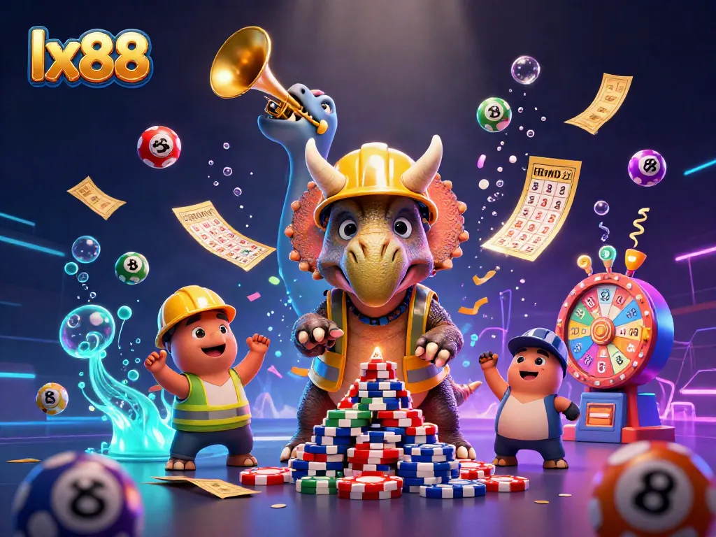 Experience the excitement of lx88 with vibrant lottery balls and celebratory characters in a dynamic casino scene.