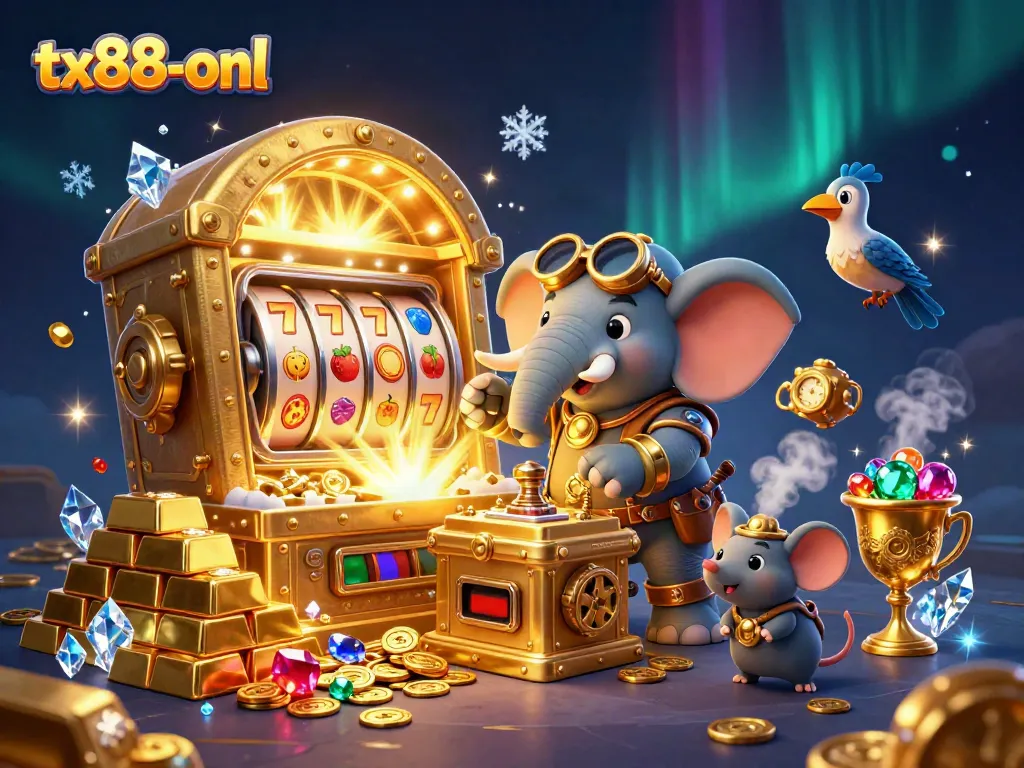 Experience exciting jackpots with tx88-onl in this ultra-detailed steampunk casino scene filled with gold and gems.
