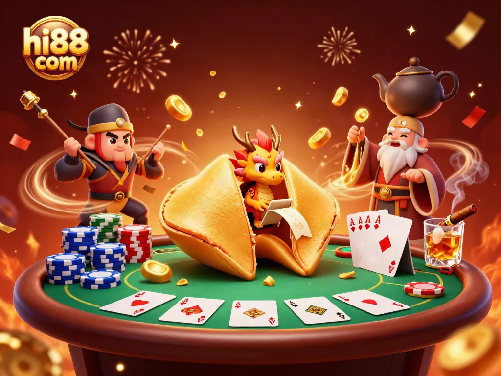 Experience excitement at hi88 com as a wise dragon reveals fortunes surrounded by vibrant casino elements.