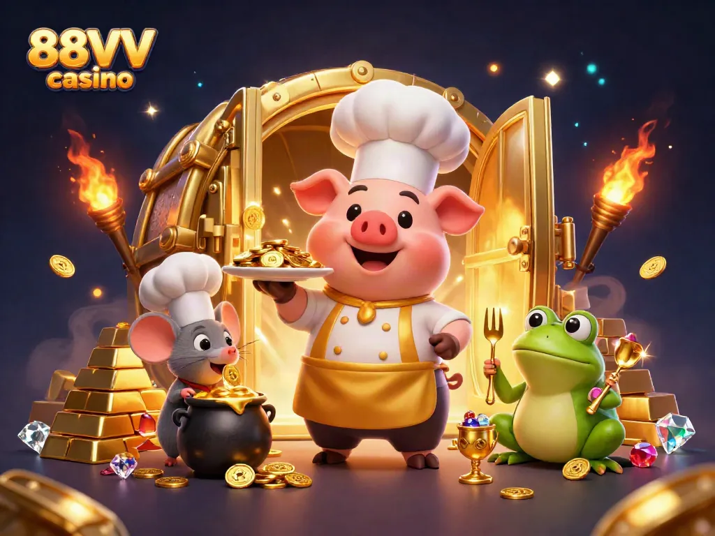 Experience thrilling moments at 88VV casino, featuring a chef pig and magical gold elements.