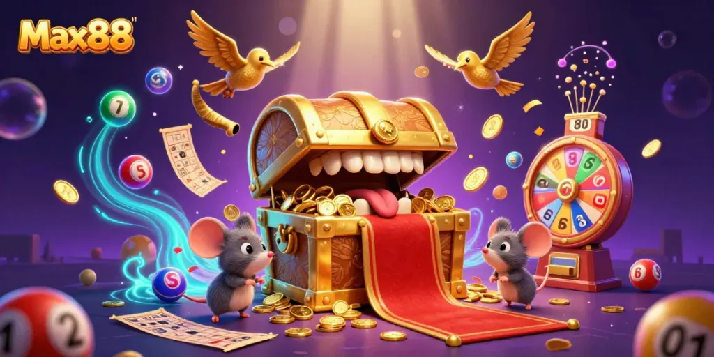 Experience the excitement of Max88 with a golden treasure chest and colorful gaming elements.