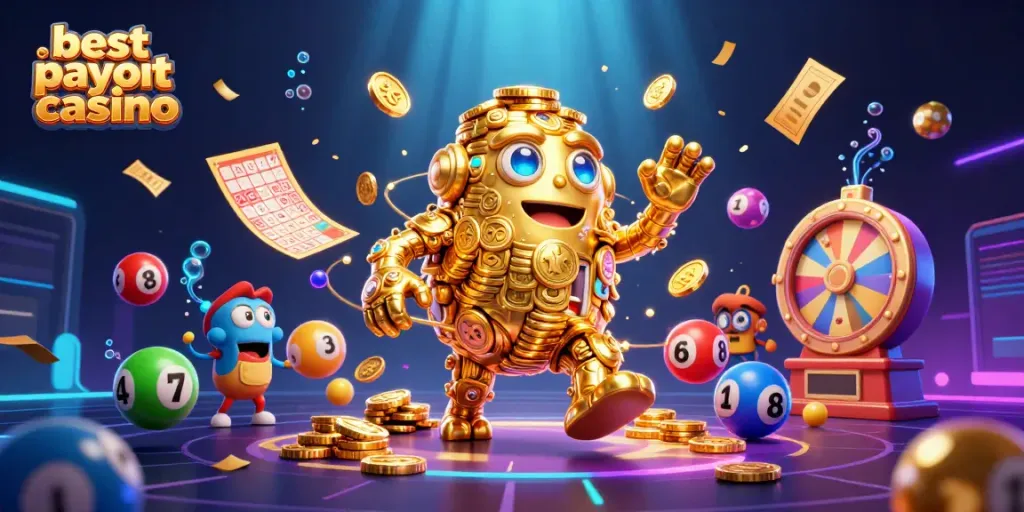 Experience the best payout casino scene with a golden golem surrounded by vibrant lottery elements.