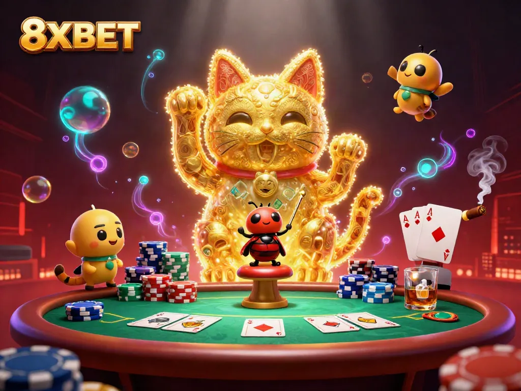 Experience the thrill of winning at 8XBET with vibrant casino elements and engaging characters.