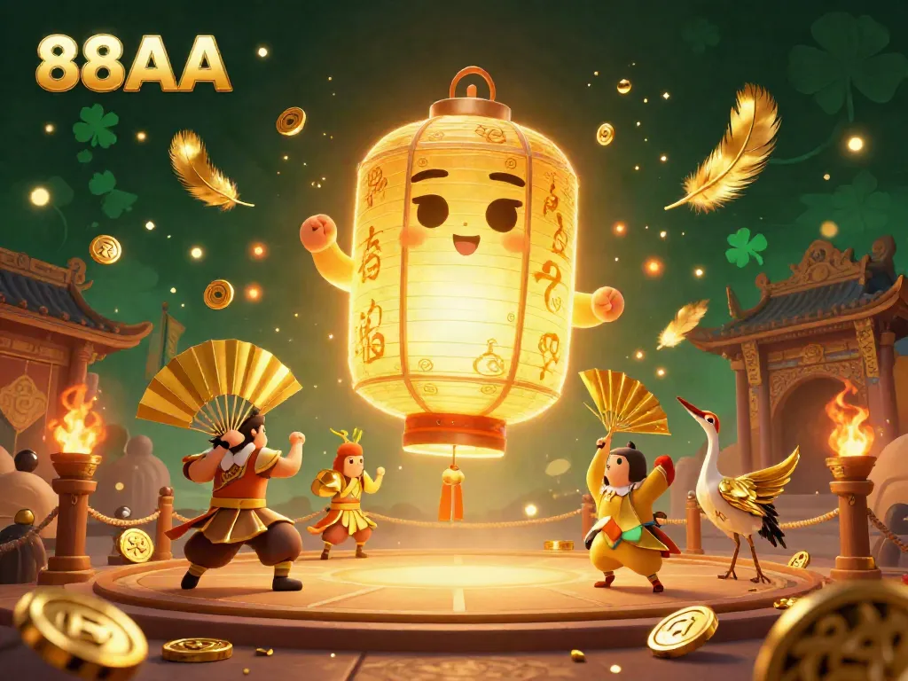 Experience vibrant gaming action at 88AA with a stunning golden lantern spirit above a dynamic casino scene.