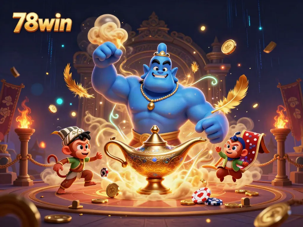 Engage in online casino excitement with 78win featuring a blue genie and poker chips.
