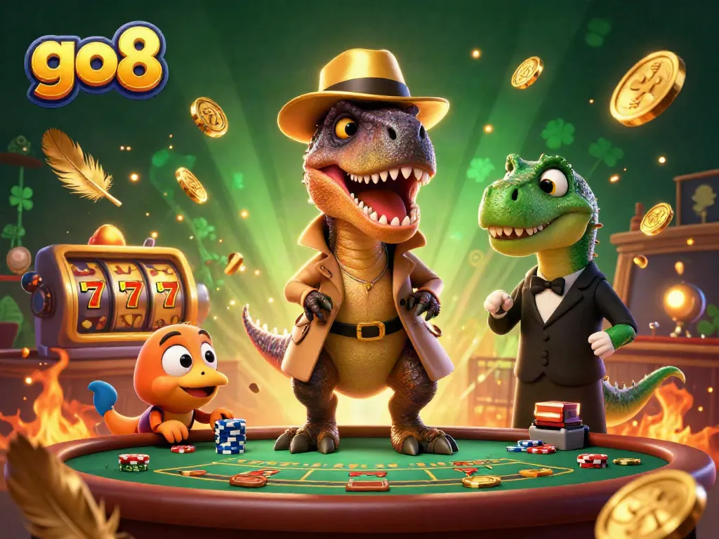 Go8 velociraptor card counter engaging at a dynamic blackjack table surrounded by casino elements.