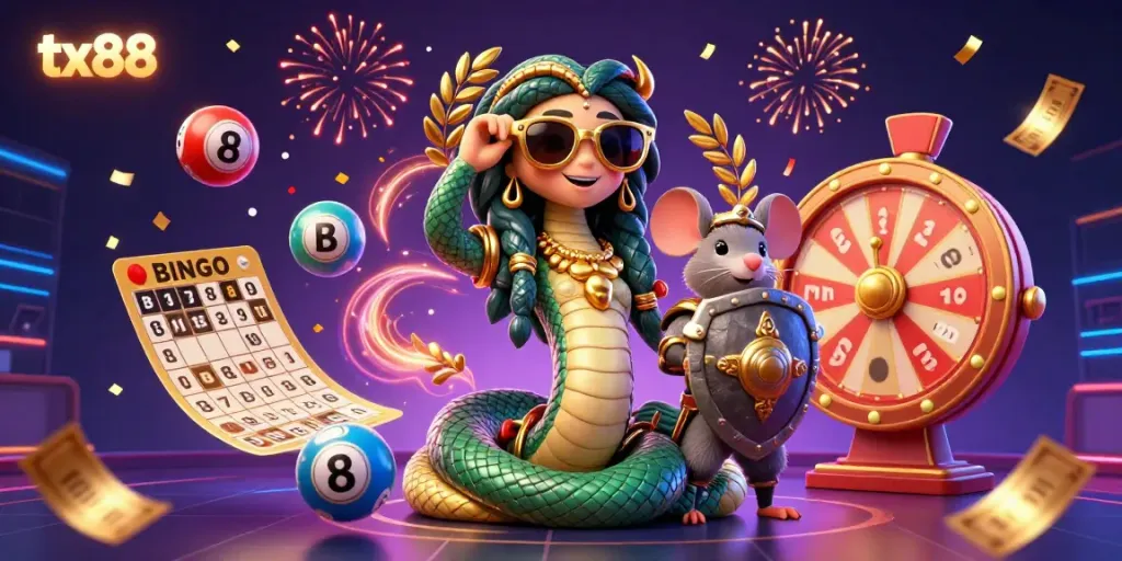 Engage in exciting gaming with tx88 featuring a dynamic casino scene of Medusa and a warrior mouse among vibrant elements.