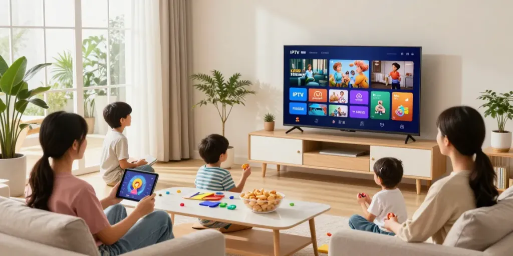Family enjoying entertainment at home using IPTV Providers for streaming.