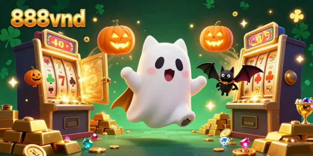 Engage with thrilling moments at 888vnd with a friendly ghost cat and vampire bat in a vibrant casino