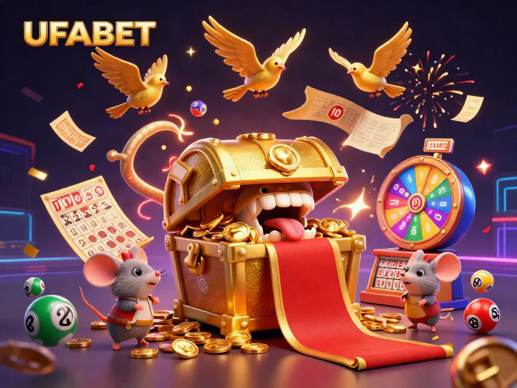 UFABET showcases an enticing treasure chest attracting adventurer mice amidst lottery elements and vibrant gaming themes.
