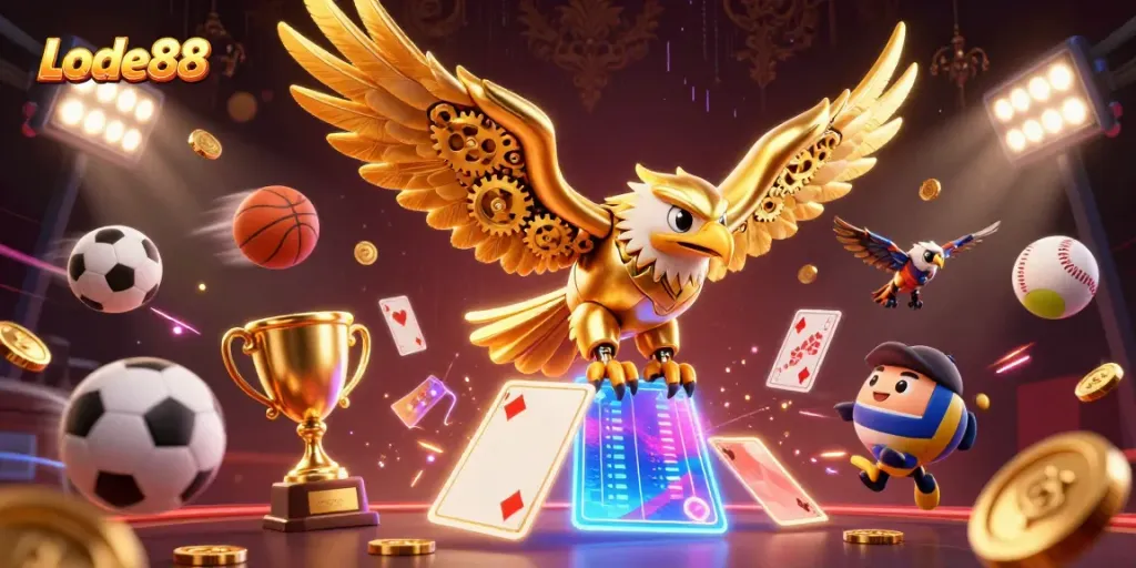 Engage with Lode88's dynamic online casino atmosphere featuring a golden eagle and sports elements.