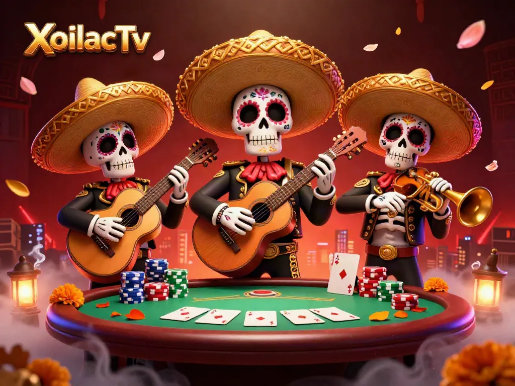 XoilacTv showcases a vibrant 3D scene of a mariachi band with poker elements, enhancing the gambling experience.
