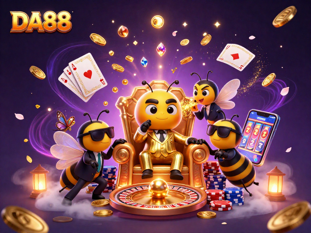 DA88 celebrates casino excitement with a 3D cartoon bumblebee mob boss in a vibrant gaming scene.