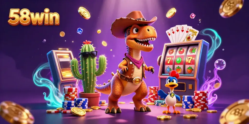 Experience the excitement of winning at 58win with vibrant casino action featuring a cowboy dinosaur and dynamic game elements.